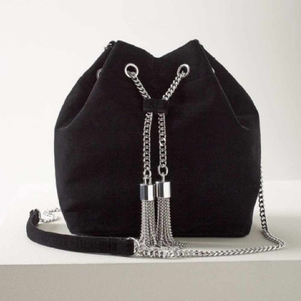 WHBM Black Velvet Drawstring Bucket Bag Silver Chain Tassel Crossbody 90s Style